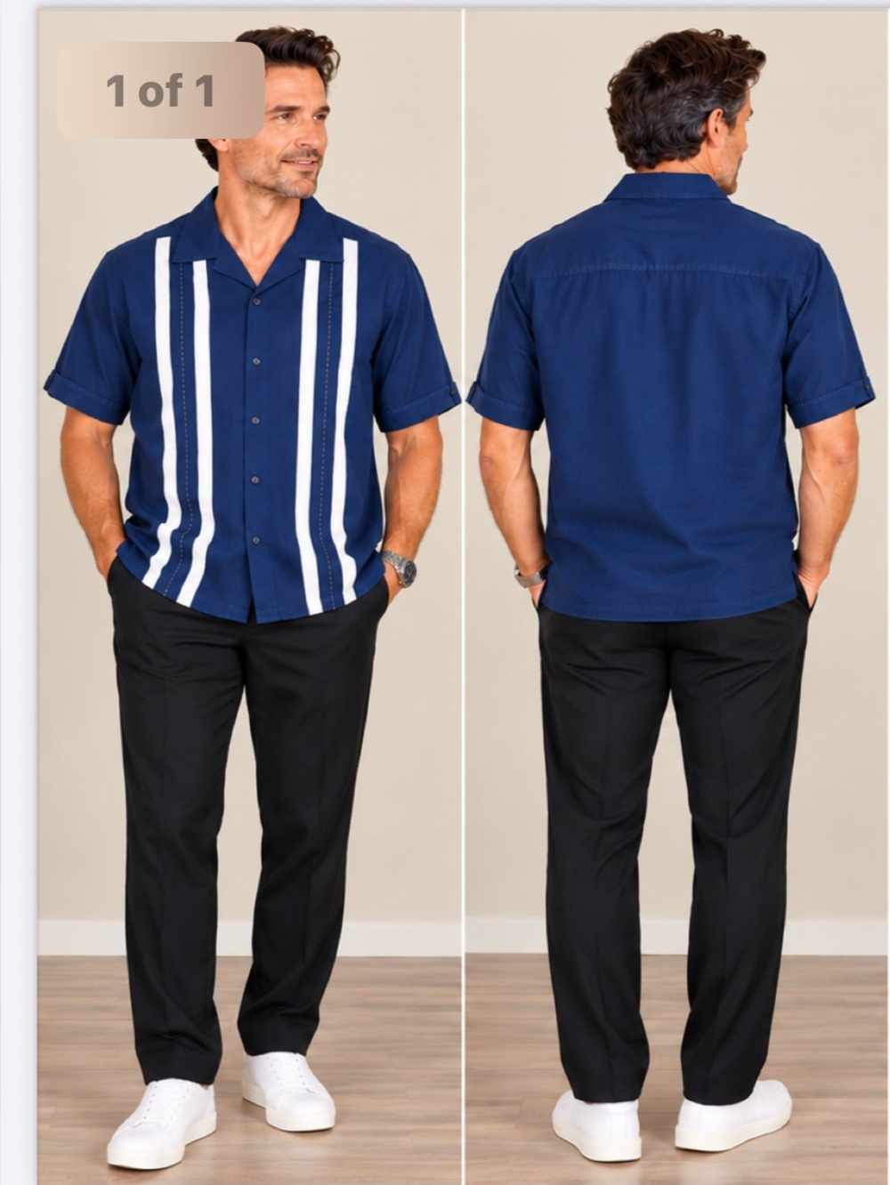 🔥2/$35- Cubavera Men's Medium Blue Pick Stitch Panel Short Sleeve Shirt Resort